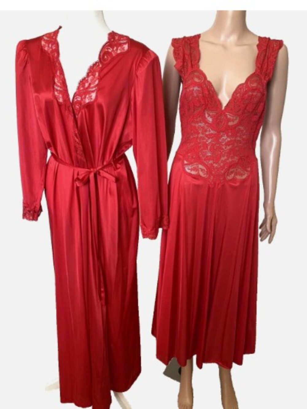 OLGA  Red Vintage Peignoir Nightgown 91460 Large  & Robe 94270 XL Set Size